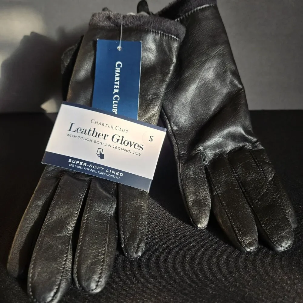Women's Charter Club Leather Black Gloves Size S Fleece Lined Touch Screen Tech